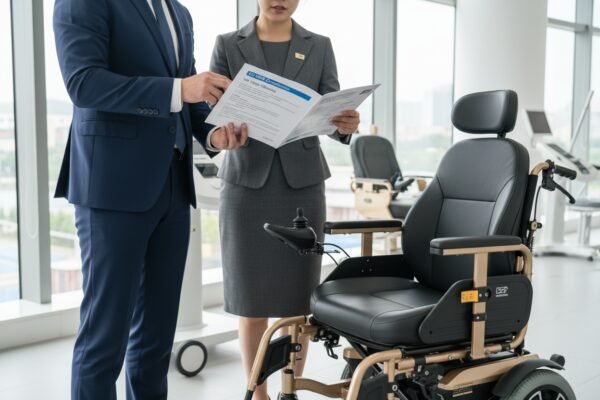 Professional business meeting discussing European electric wheelchair technical requirements and EU MDR standards (ID#1)