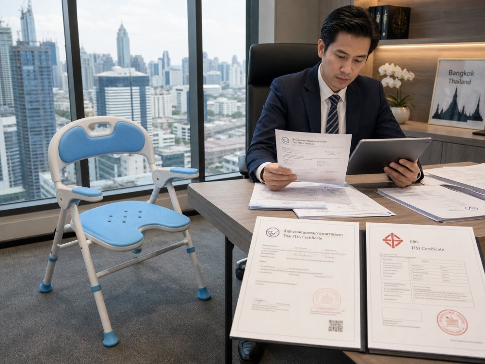 Professional manager reviewing Thai safety compliance documents for aluminum shower chair procurement