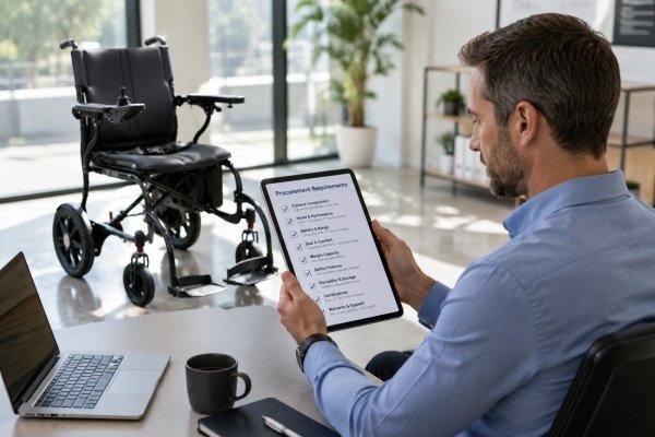 A digital tablet displaying a detailed technical specification list for electric wheelchair motor and battery