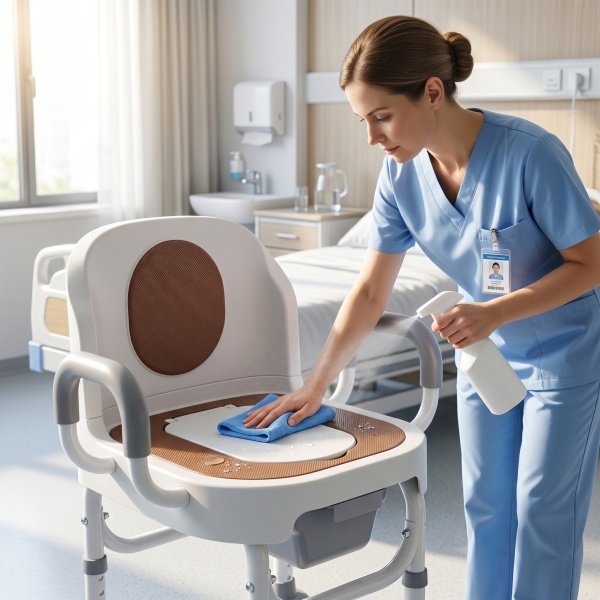 A clean mobile commode chair in a hospital setting meeting strict infection control and hygiene standards
