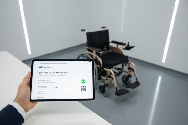 Reviewing ISO 13485 certificates and CE certification requirements for electric wheelchairs on a tablet (ID#2)