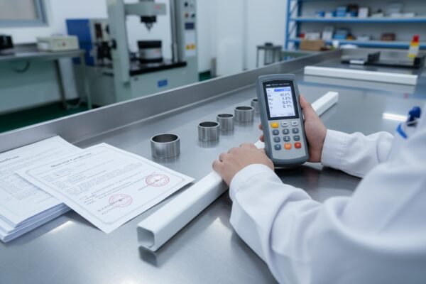 Technician in a laboratory testing raw materials to ensure commode chair mass production quality (ID#2)