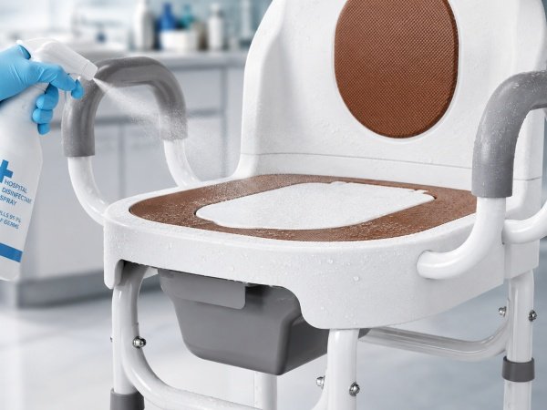A mobile commode chair featuring high-grade non-porous plastic and a rust-resistant stainless steel frame