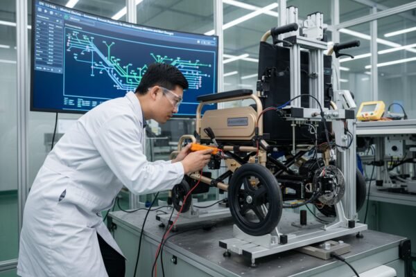 Engineer testing wheelchair safety circuits and braking systems to meet European EN 12184 standards (ID#3)
