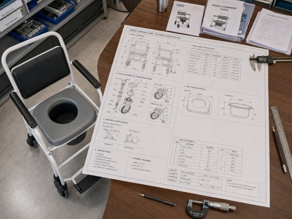 Engineering blueprint detailing technical specifications and frame thickness for high quality commode chair manufacturing (ID#3)