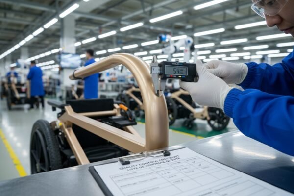 Quality control inspection of wheelchair frames during assembly to ensure manufacturing compliance and standards (ID#4)