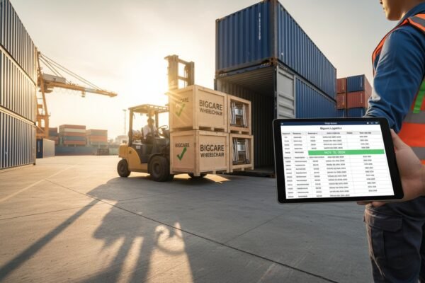 Logistics hub with shipping crates and tablet managing payment terms and financial interest safeguards (ID#4)