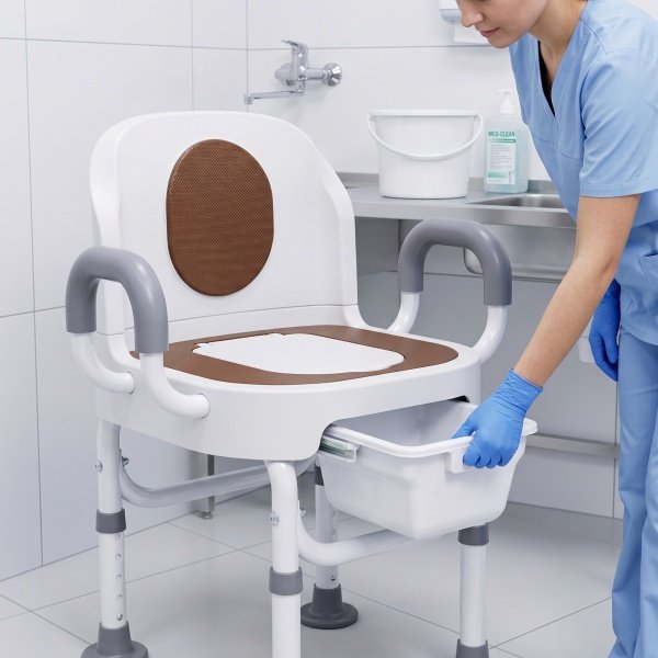 Demonstrating the quick-release mechanism to detach the bucket and seat from a mobile commode chair