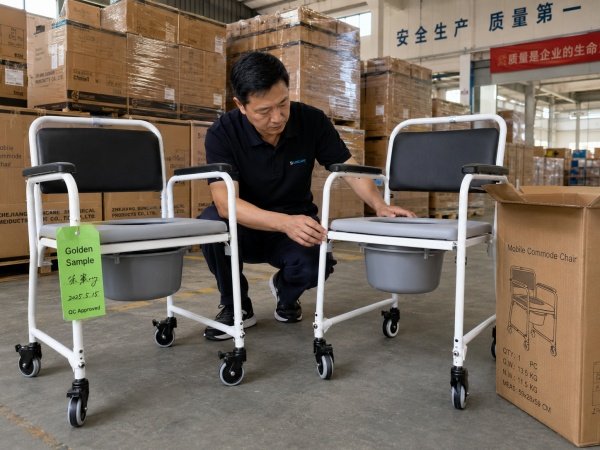 Quality control inspector comparing factory production units against the signed golden sample benchmark prototype (ID#4)