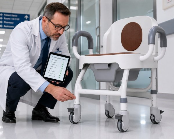 Hospital staff checking manufacturer cleaning guidelines for a mobile commode chair with antimicrobial surfaces