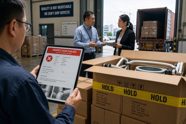 Factory manager reviewing a defect report to address commode chair shipment quality failure issues (ID#5)