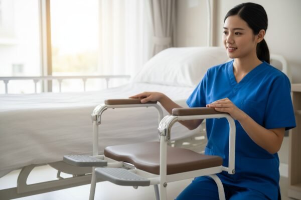 Anti-slip footrest design with textured surfaces and fold-away mechanisms to reduce patient fall risks (ID#4)