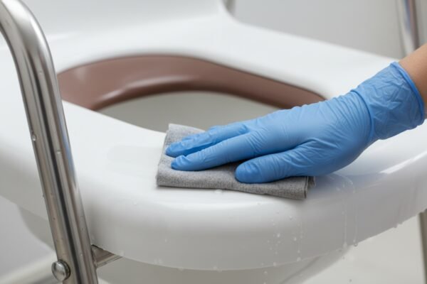 Hygiene-focused commode design with seamless upholstery and removable splash guards for infection control (ID#5)