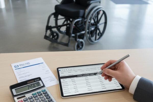 Calculating total landed cost for electric wheelchairs including duties, taxes, and freight charges (ID#3)